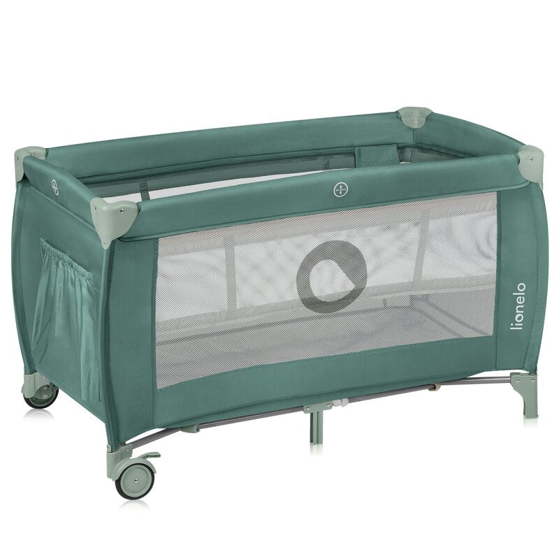 Patut pliant, Lionelo, Stefi Plus, Cu doua nivele, Cu intrare laterala cu fermoar, 2 roti, 120 x 60 cm, Conform cu standardul european de securitate EN 716, Verde Olive