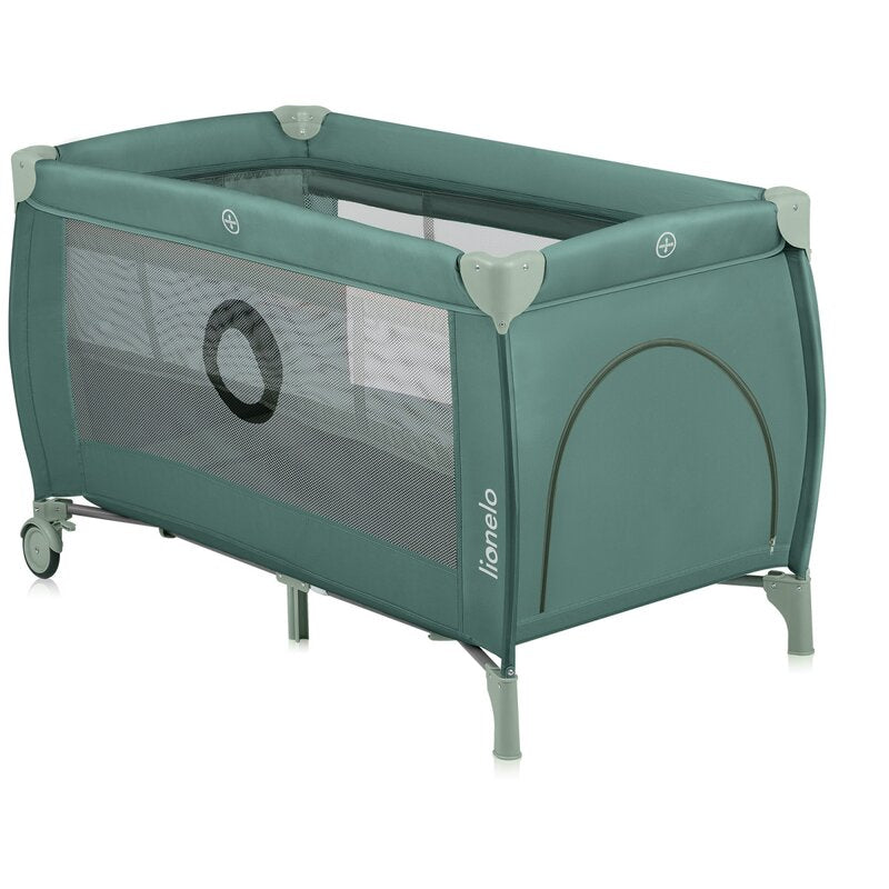 Patut pliant, Lionelo, Stefi Plus, Cu doua nivele, Cu intrare laterala cu fermoar, 2 roti, 120 x 60 cm, Conform cu standardul european de securitate EN 716, Verde Olive