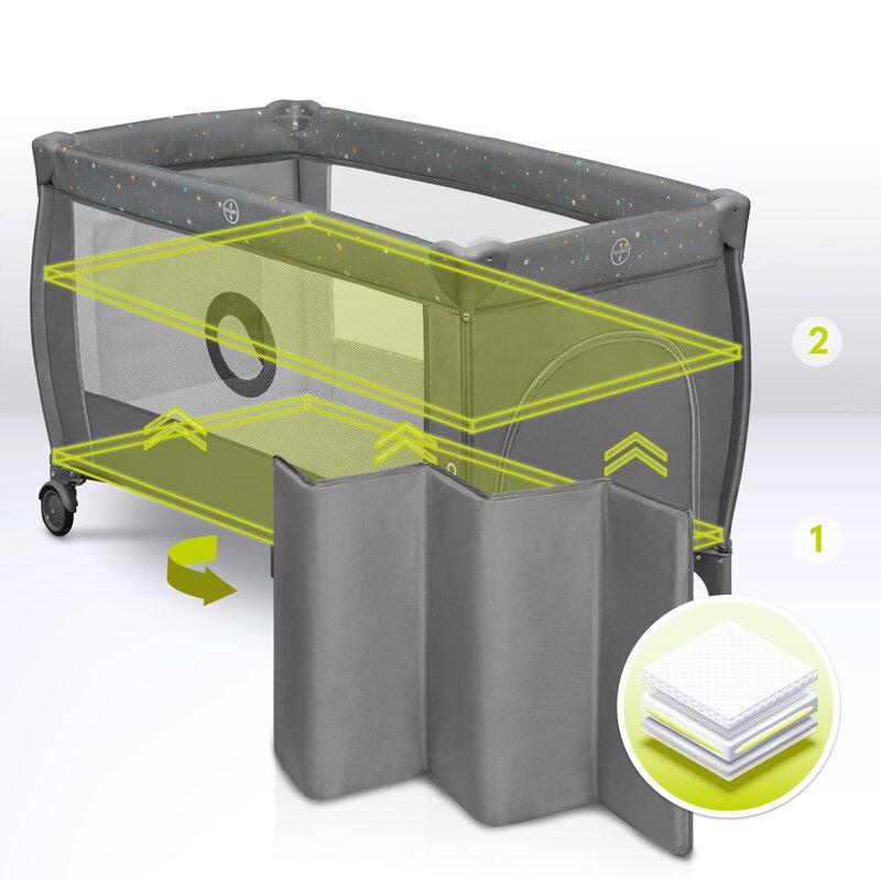 Patut pliant, Lionelo, Stefi Plus, Cu doua nivele, Cu intrare laterala cu fermoar, 2 roti, 120 x 60 cm, Conform cu standardul european de securitate EN 716, Verde Olive