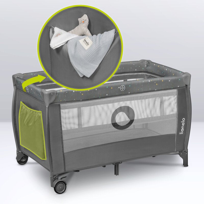Patut pliant, Lionelo, Stefi Plus, Cu doua nivele, Cu intrare laterala cu fermoar, 2 roti, 120 x 60 cm, Conform cu standardul european de securitate EN 716, Verde Olive