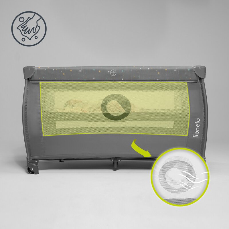 Patut pliant, Lionelo, Stefi Plus, Cu doua nivele, Cu intrare laterala cu fermoar, 2 roti, 120 x 60 cm, Conform cu standardul european de securitate EN 716, Verde Olive