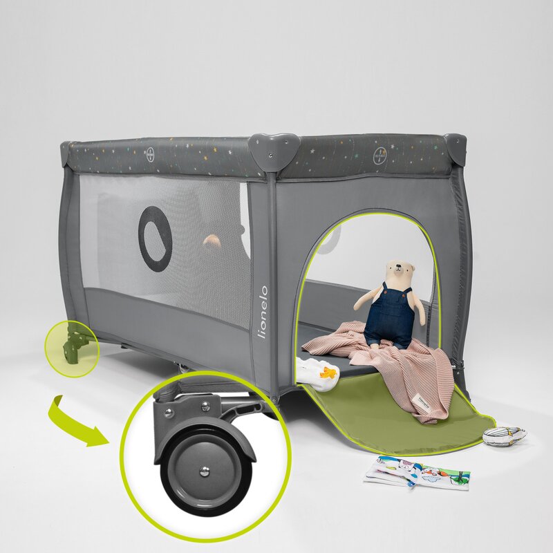 Patut pliant, Lionelo, Stefi Plus, Cu doua nivele, Cu intrare laterala cu fermoar, 2 roti, 120 x 60 cm, Conform cu standardul european de securitate EN 716, Verde Olive