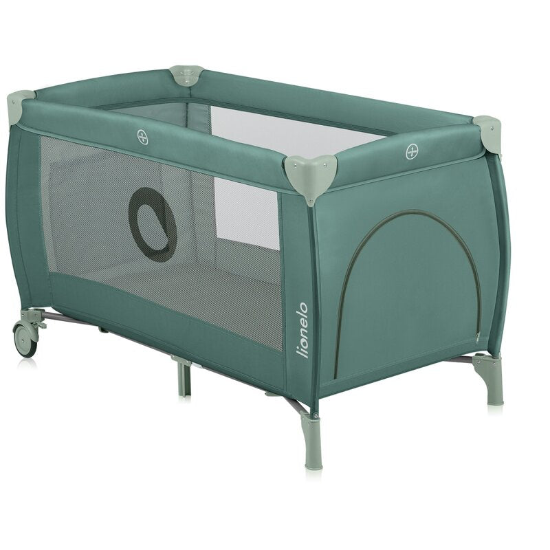 Patut pliant, Lionelo, Stefi Plus, Cu doua nivele, Cu intrare laterala cu fermoar, 2 roti, 120 x 60 cm, Conform cu standardul european de securitate EN 716, Verde Olive