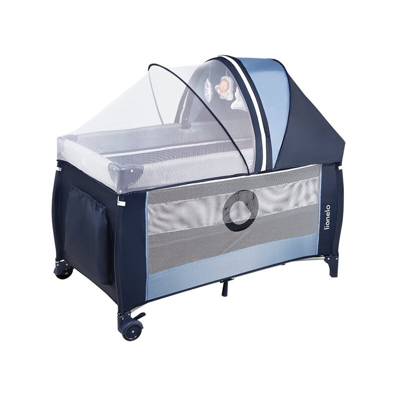 Patut pliant, Lionelo, Sven Plus, 120x60 cm, Cu doua nivele, Cu arcada jucarii, masuta de infasat, vibratii, melodii, conform cu standardele europeane de securitate EN716 si EN12221, Blue Navy