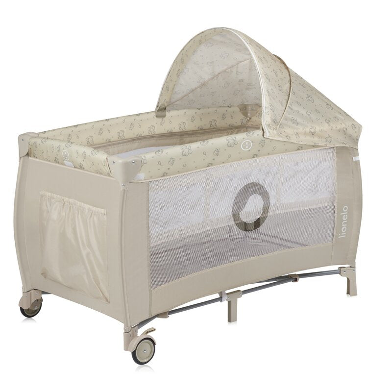Patut pliant, Lionelo, Sven Plus, 120x60 cm, Cu doua nivele, Cu arcada jucarii, masuta de infasat, vibratii, melodii, conform cu standardele europeane de securitate EN716 si EN12221, Bej Latte