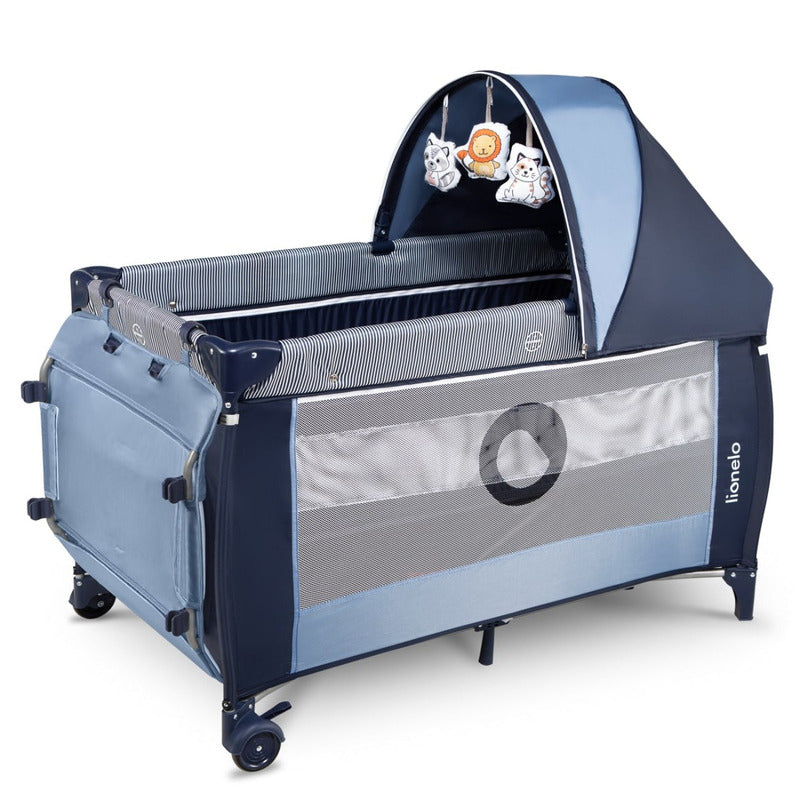 Patut pliant, Lionelo, Sven Plus, 120x60 cm, Cu doua nivele, Cu arcada jucarii, masuta de infasat, vibratii, melodii, conform cu standardele europeane de securitate EN716 si EN12221, Blue Navy