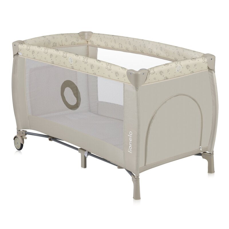 Patut pliant, Lionelo, Sven Plus, 120x60 cm, Cu doua nivele, Cu arcada jucarii, masuta de infasat, vibratii, melodii, conform cu standardele europeane de securitate EN716 si EN12221, Bej Latte