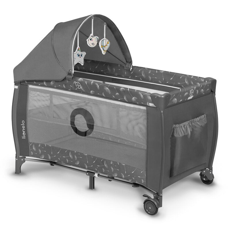 Patut pliant, Lionelo, Sven Plus, 120x60 cm, Cu doua nivele, Cu arcada jucarii, masuta de infasat, vibratii, melodii, conform cu standardele europeane de securitate EN716 si EN12221, Grey