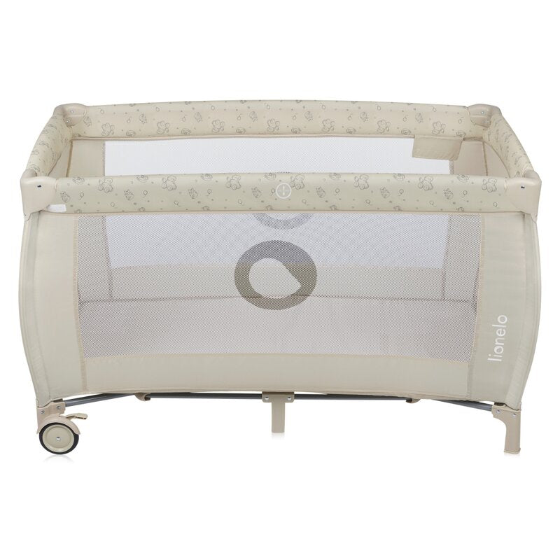 Patut pliant, Lionelo, Sven Plus, 120x60 cm, Cu doua nivele, Cu arcada jucarii, masuta de infasat, vibratii, melodii, conform cu standardele europeane de securitate EN716 si EN12221, Bej Latte