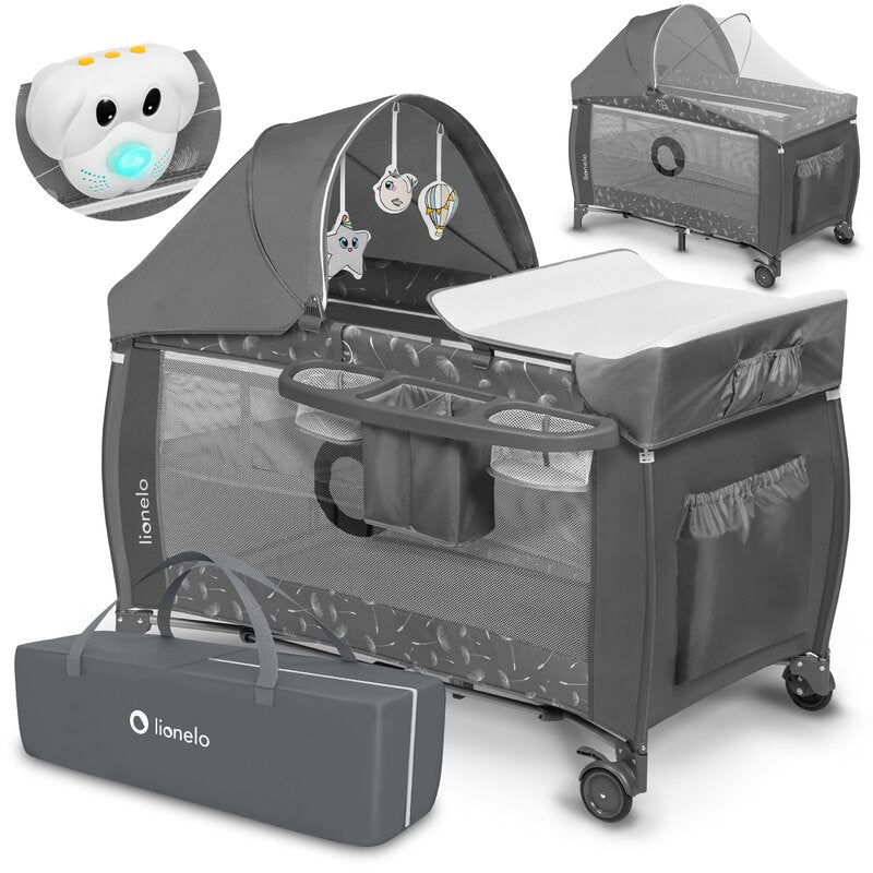 Patut pliant, Lionelo, Sven Plus, 120x60 cm, Cu doua nivele, Cu arcada jucarii, masuta de infasat, vibratii, melodii, conform cu standardele europeane de securitate EN716 si EN12221, Grey