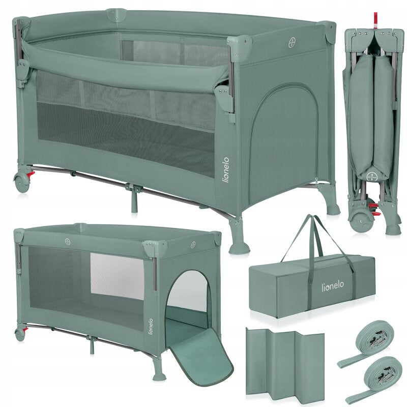 Patut pliant multifunctional, Lionelo, Ellen, Cu laterala culisanta, Nivel suplimentar, Intrare laterala cu fermoar, 2 roti, Saltea pliabila si geanta de transport incluse, 0- 36 luni, Pana la 15 kg, 120x60 cm, Conform cu EN 716, Verde