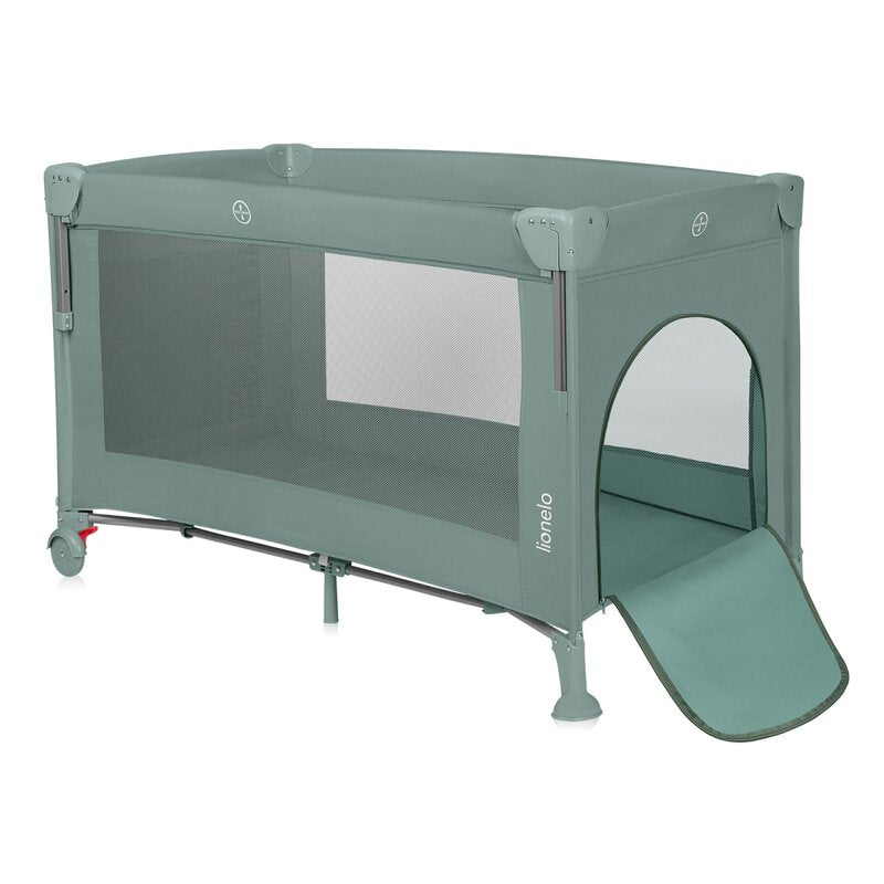 Patut pliant multifunctional, Lionelo, Ellen, Cu laterala culisanta, Nivel suplimentar, Intrare laterala cu fermoar, 2 roti, Saltea pliabila si geanta de transport incluse, 0- 36 luni, Pana la 15 kg, 120x60 cm, Conform cu EN 716, Verde