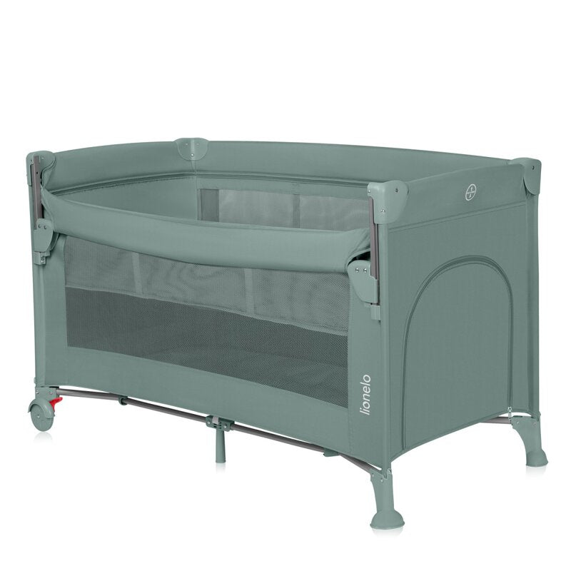 Patut pliant multifunctional, Lionelo, Ellen, Cu laterala culisanta, Nivel suplimentar, Intrare laterala cu fermoar, 2 roti, Saltea pliabila si geanta de transport incluse, 0- 36 luni, Pana la 15 kg, 120x60 cm, Conform cu EN 716, Verde