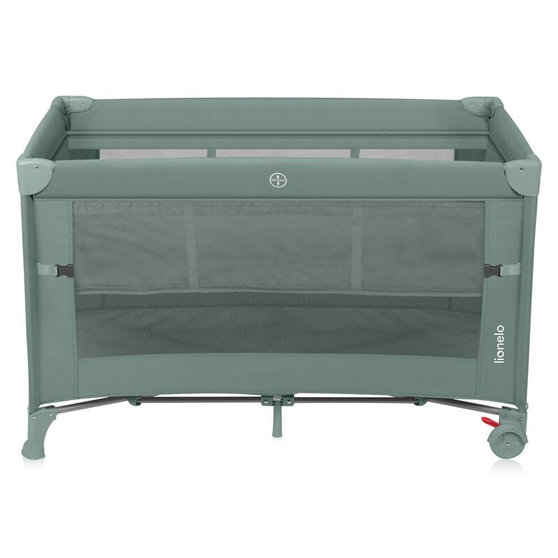 Patut pliant multifunctional, Lionelo, Ellen, Cu laterala culisanta, Nivel suplimentar, Intrare laterala cu fermoar, 2 roti, Saltea pliabila si geanta de transport incluse, 0- 36 luni, Pana la 15 kg, 120x60 cm, Conform cu EN 716, Verde