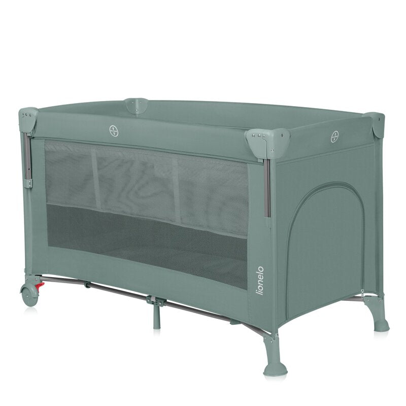 Patut pliant multifunctional, Lionelo, Ellen, Cu laterala culisanta, Nivel suplimentar, Intrare laterala cu fermoar, 2 roti, Saltea pliabila si geanta de transport incluse, 0- 36 luni, Pana la 15 kg, 120x60 cm, Conform cu EN 716, Verde