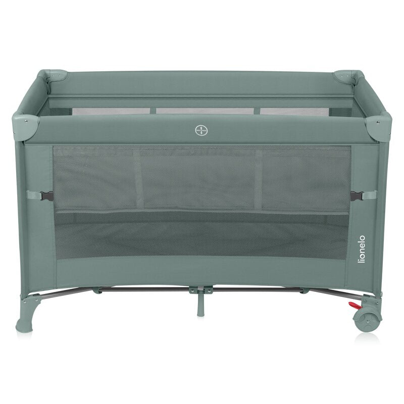 Patut pliant multifunctional, Lionelo, Ellen, Cu laterala culisanta, Nivel suplimentar, Intrare laterala cu fermoar, 2 roti, Saltea pliabila si geanta de transport incluse, 0- 36 luni, Pana la 15 kg, 120x60 cm, Conform cu EN 716, Verde