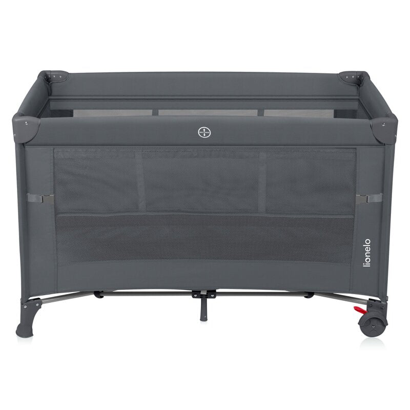 Patut pliant multifunctional, Lionelo, Ellen, Cu laterala culisanta, Nivel suplimentar, Intrare laterala cu fermoar, 2 roti, Saltea pliabila si geanta de transport incluse, 0- 36 luni, Pana la 15 kg, 120x60 cm, Conform cu EN 716, Gri