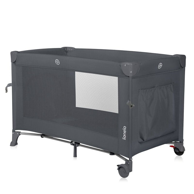 Patut pliant multifunctional, Lionelo, Ellen, Cu laterala culisanta, Nivel suplimentar, Intrare laterala cu fermoar, 2 roti, Saltea pliabila si geanta de transport incluse, 0- 36 luni, Pana la 15 kg, 120x60 cm, Conform cu EN 716, Gri