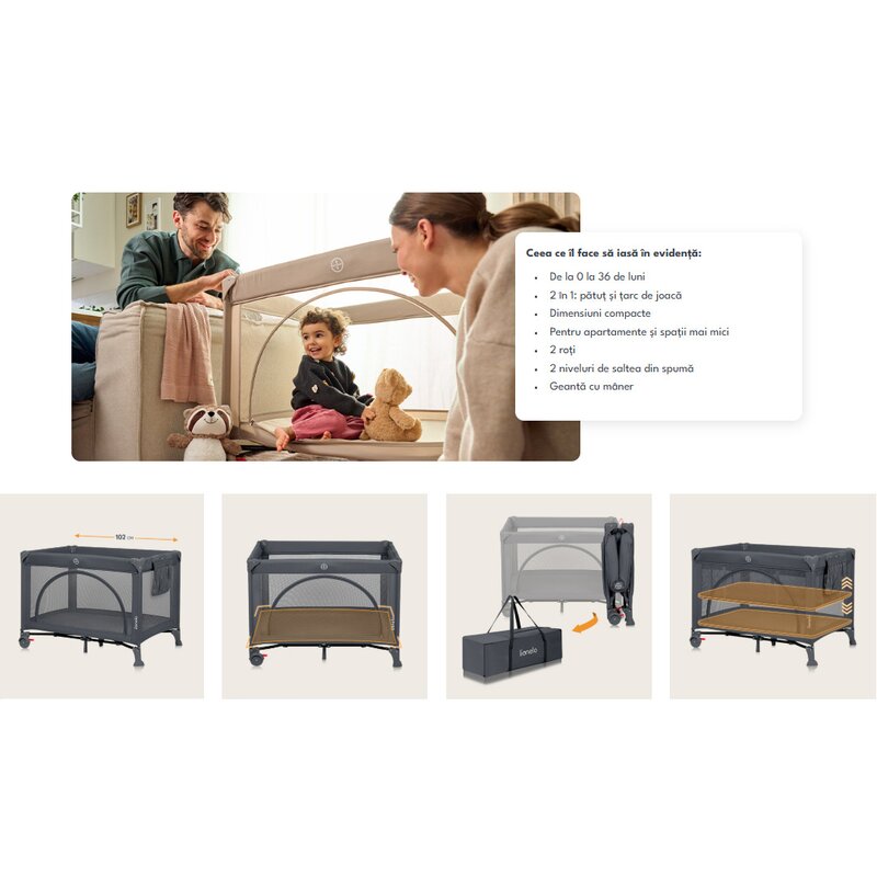 Patut Pliant Multifunctional Lionelo Ellen 3in1 Co-Sleeper 120x60 cm Gri