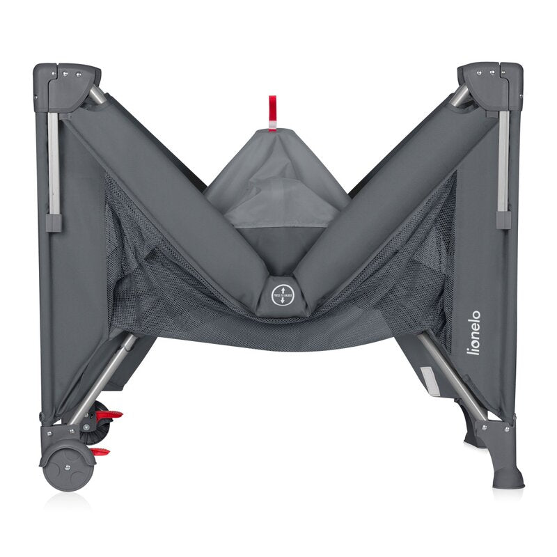Patut pliant multifunctional, Lionelo, Ellen, Cu laterala culisanta, Nivel suplimentar, Intrare laterala cu fermoar, 2 roti, Saltea pliabila si geanta de transport incluse, 0- 36 luni, Pana la 15 kg, 120x60 cm, Conform cu EN 716, Gri