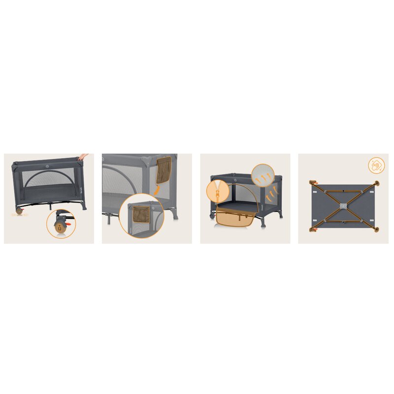 Patut pliant multifunctional, Lionelo, Ellen, Cu laterala culisanta, Nivel suplimentar, Intrare laterala cu fermoar, 2 roti, Saltea pliabila si geanta de transport incluse, 0- 36 luni, Pana la 15 kg, 120x60 cm, Conform cu EN 716, Gri