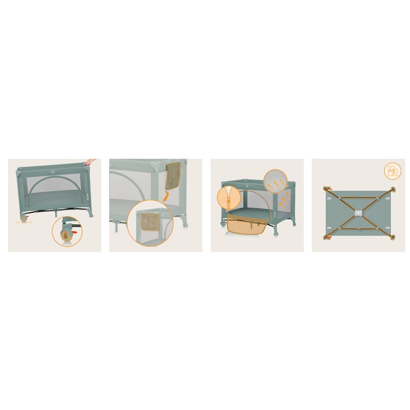 Patut pliant multifunctional, Lionelo, Ellen, Cu laterala culisanta, Nivel suplimentar, Intrare laterala cu fermoar, 2 roti, Saltea pliabila si geanta de transport incluse, 0- 36 luni, Pana la 15 kg, 120x60 cm, Conform cu EN 716, Verde
