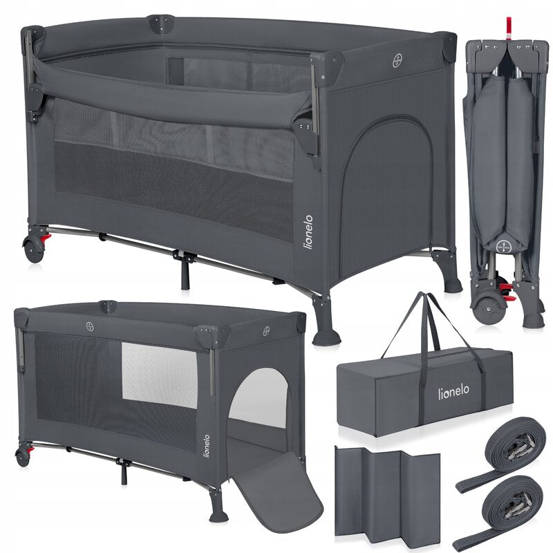 Patut pliant multifunctional, Lionelo, Ellen, Cu laterala culisanta, Nivel suplimentar, Intrare laterala cu fermoar, 2 roti, Saltea pliabila si geanta de transport incluse, 0- 36 luni, Pana la 15 kg, 120x60 cm, Conform cu EN 716, Gri