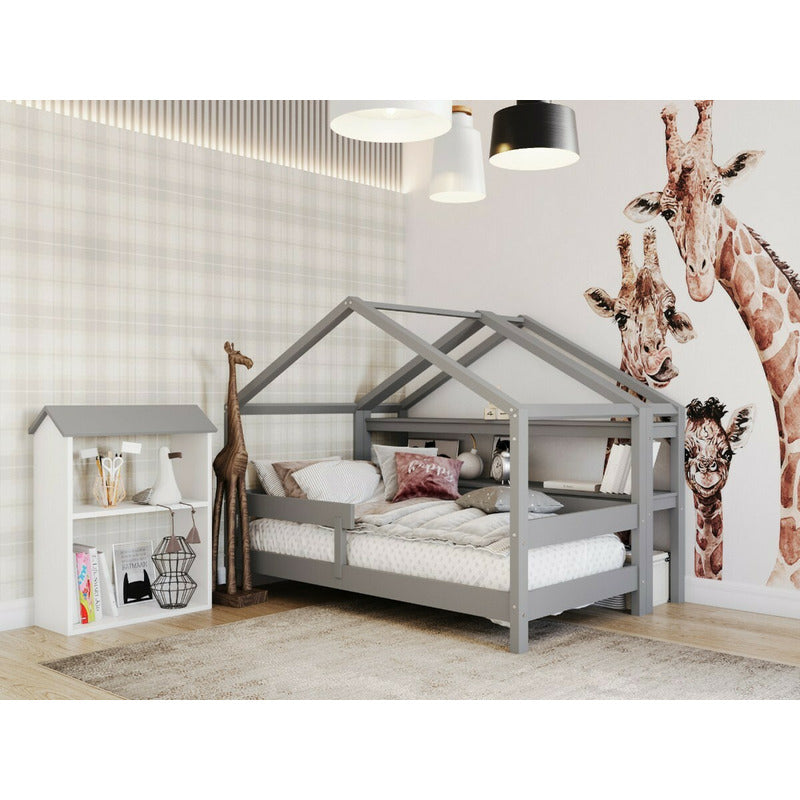 Patut tip casuta din lemn junior, 160x80 cm, Din lemn certificat FSC, Transformabil in casuta de joaca, Cu bariera de protectie, In stil scandinav, Gri, YappyKids, YappyHytte Bed