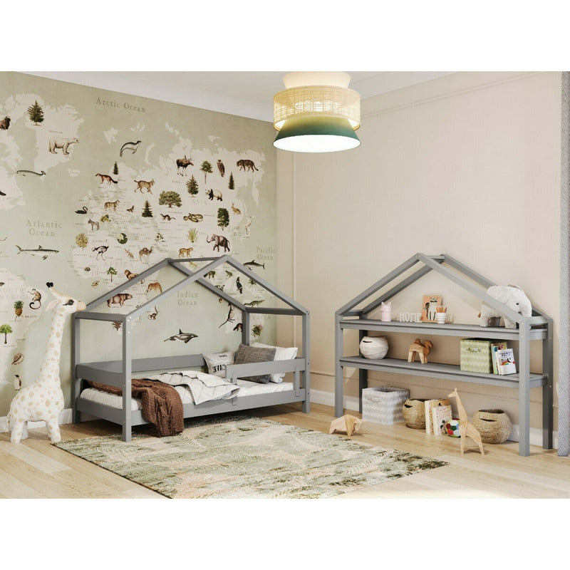 Patut tip casuta din lemn junior, 160x80 cm, Din lemn certificat FSC, Transformabil in casuta de joaca, Cu bariera de protectie, In stil scandinav, Gri, YappyKids, YappyHytte Bed