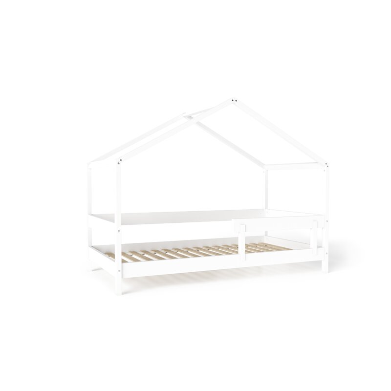 Patut tip casuta din lemn junior, 160x80 cm, Din lemn certificat FSC, Transformabil in casuta de joaca, Cu bariera de protectie, In stil scandinav, Alb, YappyKids, YappyHytte Bed