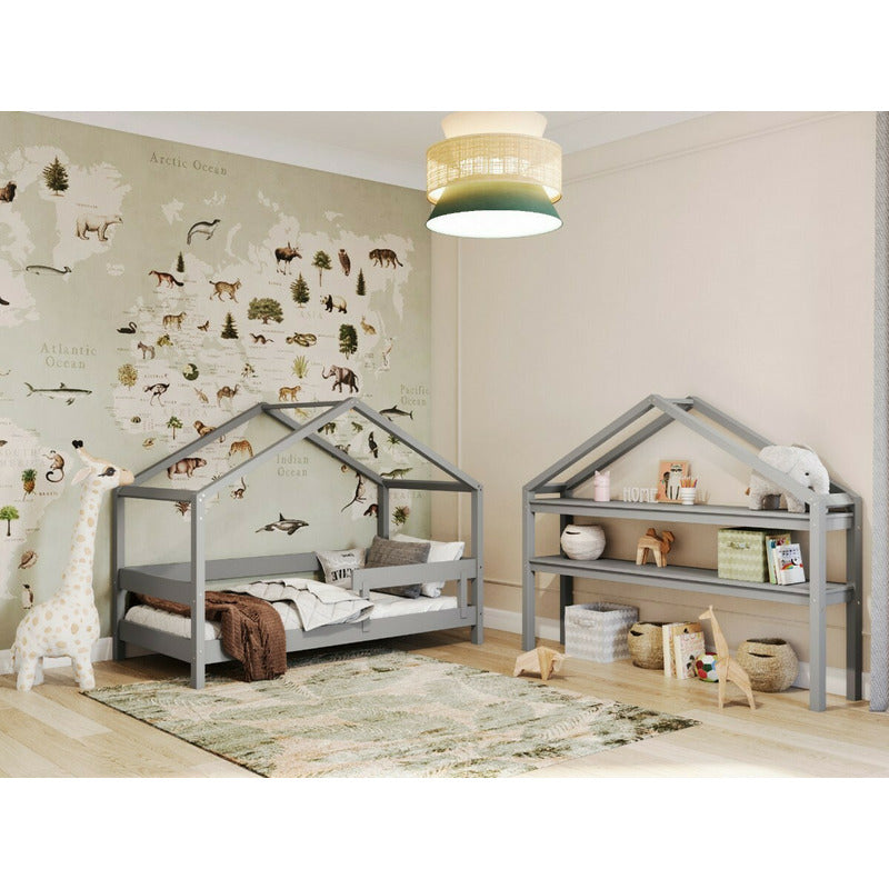 Patut tip casuta din lemn junior, 160x80 cm, Din lemn certificat FSC, Transformabil in casuta de joaca, Cu bariera de protectie, In stil scandinav, Gri, YappyKids, YappyHytte Bed