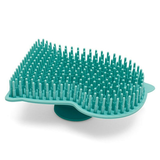 Perie de baie, New Baby, Din silicon, Cu peri moi, Maner ergonomic, Pentru pielea sensibila, 8x11 cm, 0 luni+, Dinosaur/Blue