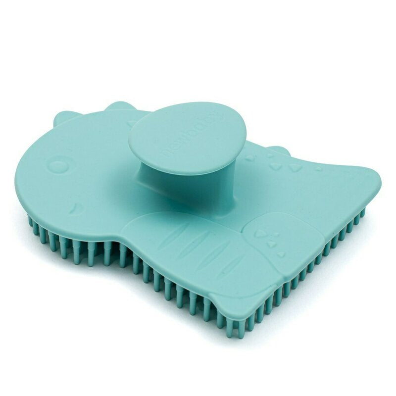 Perie de baie, New Baby, Din silicon, Cu peri moi, Maner ergonomic, Pentru pielea sensibila, 8x11 cm, 0 luni+, Dinosaur/Blue