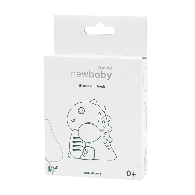 Perie de baie, New Baby, Din silicon, Cu peri moi, Maner ergonomic, Pentru pielea sensibila, 8x11 cm, 0 luni+, Dinosaur/Beige