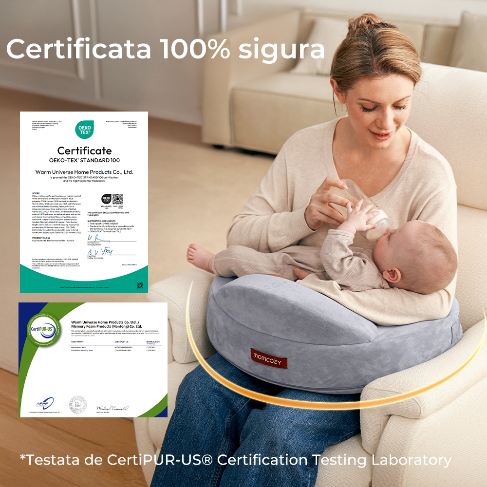 Perna Alaptare Momcozy Exclusive din Spuma cu Memorie Grey cu Gard Siguranta