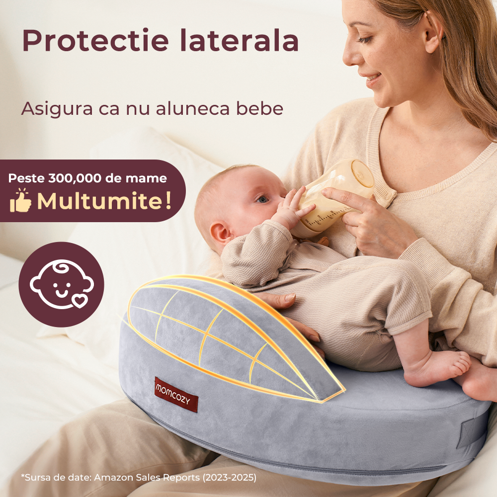 Perna Alaptare Momcozy Exclusive din Spuma cu Memorie Grey cu Gard Siguranta