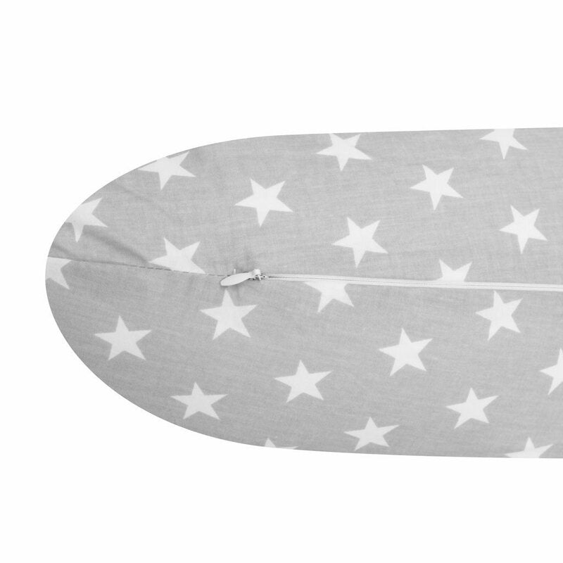 Perna alaptare, New Baby, Cu husa detasabila, In forma de C, Bumbac, Diametru 16 cm, Lungime in jurul circumferintei 285 cm, 100% antialergic, Stars Grey