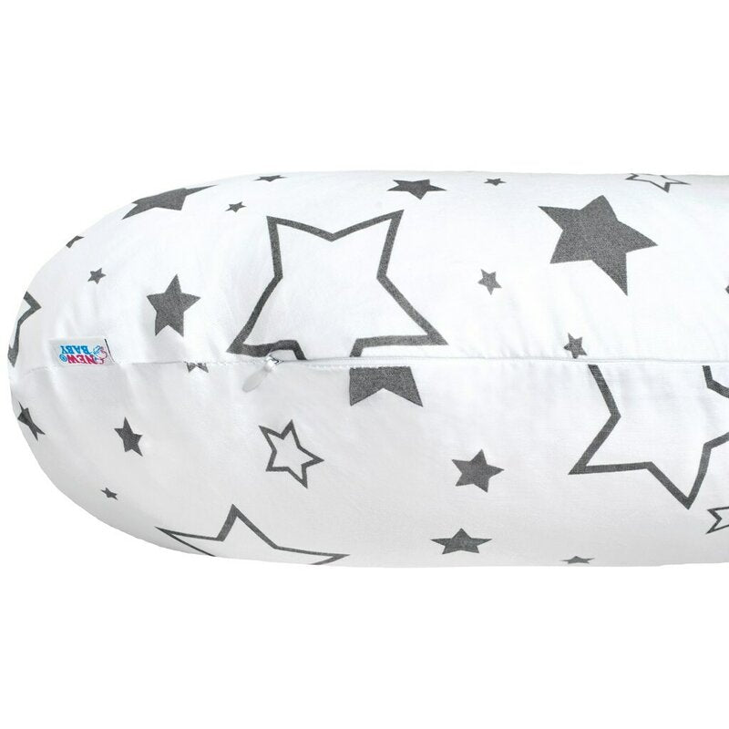 Perna alaptare, New Baby, Cu husa detasabila, In forma de C, Bumbac, Diametru 16 cm, Lungime in jurul circumferintei 285 cm, Stars White/Grey