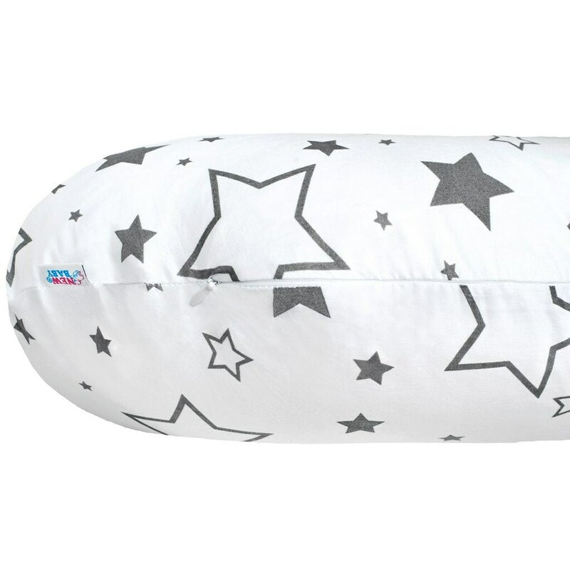 Perna alaptare, New Baby, Cu husa detasabila, In forma de C, Bumbac, Diametru 16 cm, Lungime in jurul circumferintei 285 cm, Stars White/Grey