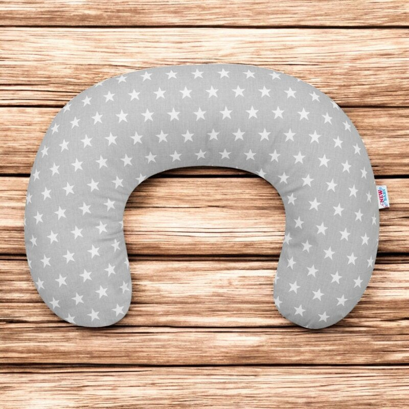 Perna alaptare, New Baby, Diametru 16 cm, Lungime in jurul circumferintei 125 cm, Bumbac, 100% antialergic, Husa detasabila, 0 luni+, Stars Grey