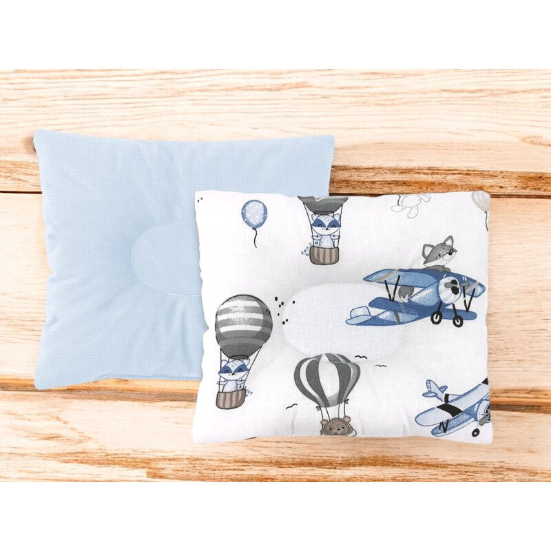 Perna bebelus, MimiNu, Profilata, Cu doua fete, Cu functie anti-soc, Pufoasa, Din catifea si bumbac, Materiale certificate Oeko Tex Standard 100, 23x26 cm, Blue Plane