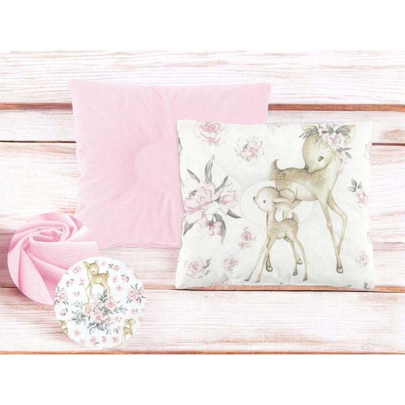 Perna bebelus, MimiNu, Profilata, Cu doua fete, Cu functie anti-soc, Pufoasa, Din catifea si bumbac, Materiale certificate Oeko Tex Standard 100, 23x26 cm, Velvet Sweet Deer/Pink