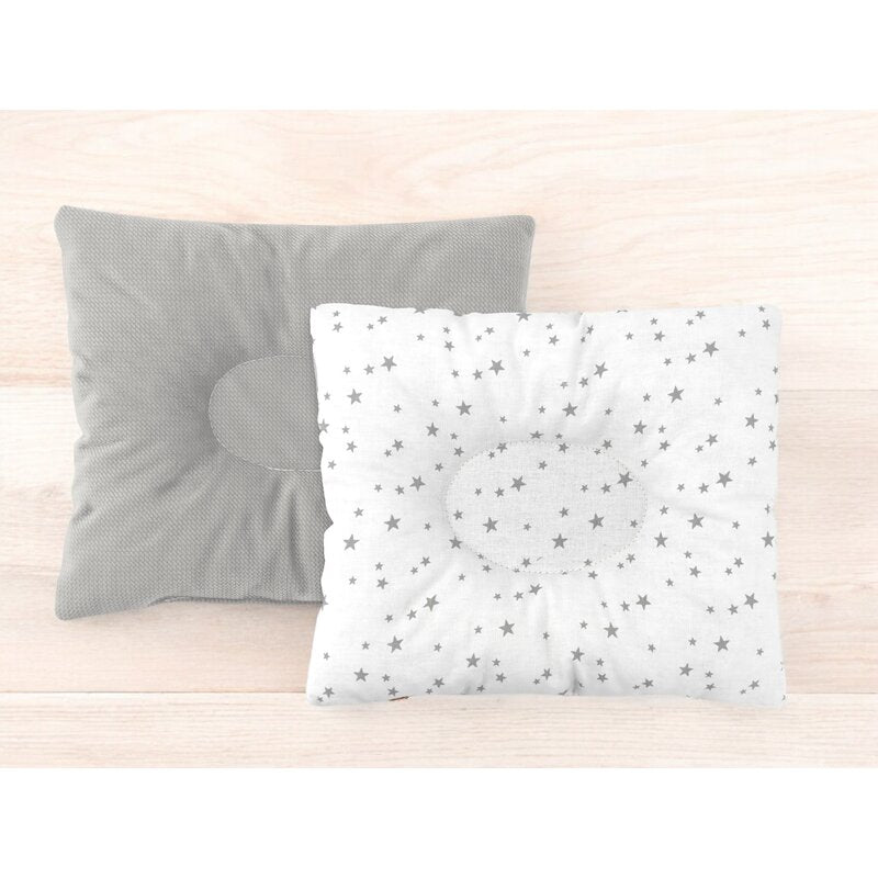 Perna bebelus, MimiNu, Profilata, Cu doua fete, Cu functie anti-soc, Pufoasa, Din catifea si bumbac, Materiale certificate Oeko Tex Standard 100, 23x26 cm, Velvet Mini Gray Stars