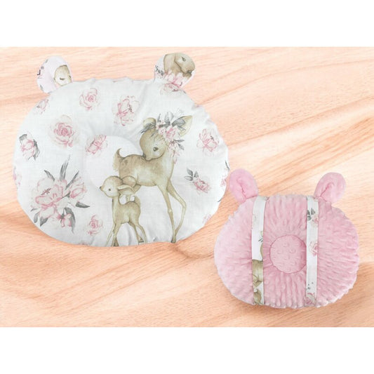 Perna bebelusi, MimiNu, Ursulet, Multifunctionala, Cu doua fete, Tesatura pufoasa minky si bumbac, Materiale certificate Oeko Tex Standard 100, Minky Pink/ Sweet Deer Pink