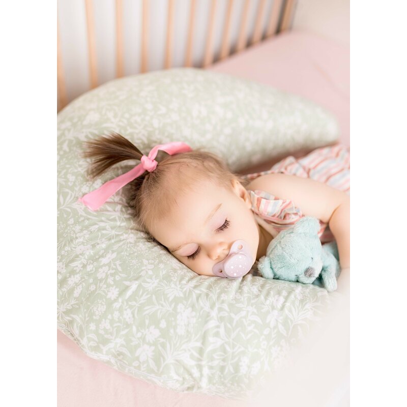 Perna pentru alaptat, Ceba Baby, Husa detasabila din bumbac, Cu puf siliconizat, 150x60x37 cm, Oeko-Tex Standard 100, Basic Tiny Leaves