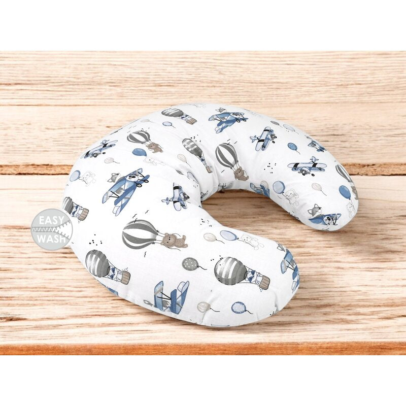 Perna pentru alaptat, MimiNu, Din bumbac certificat Oeko Tex Standard 100, Cu husa detasabila, Cu fermoar securizat, Circumferinta 155 cm, Blue Plane