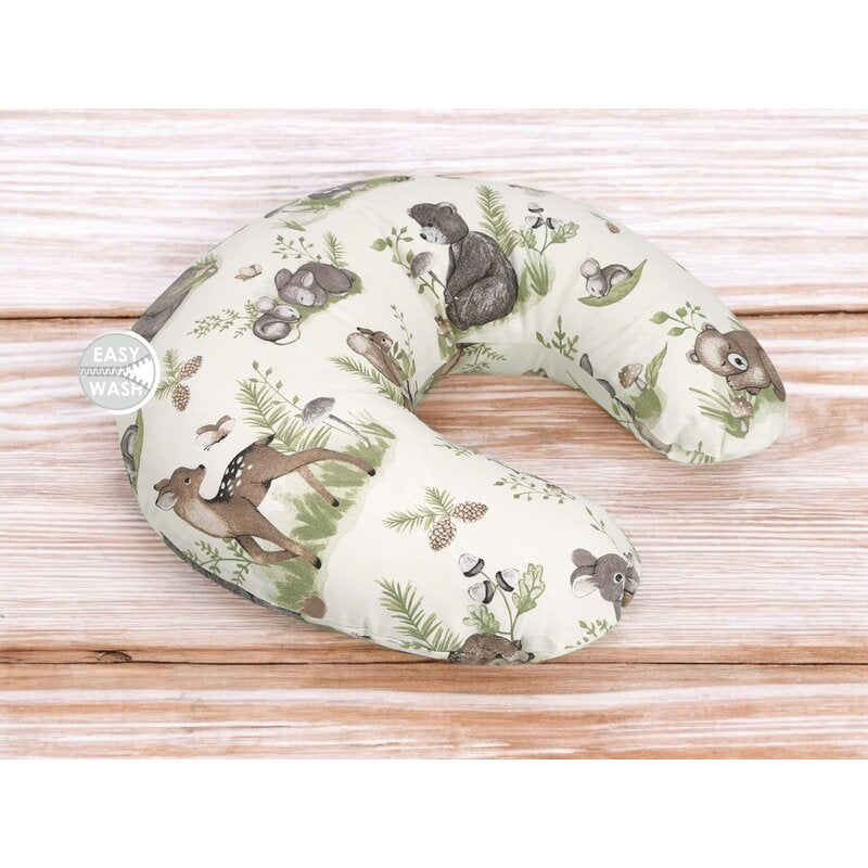 Perna pentru alaptat, MimiNu, Din bumbac certificat Oeko Tex Standard 100, Cu husa detasabila, Cu fermoar securizat, Circumferinta 155 cm, Design, Calm Forest Natural