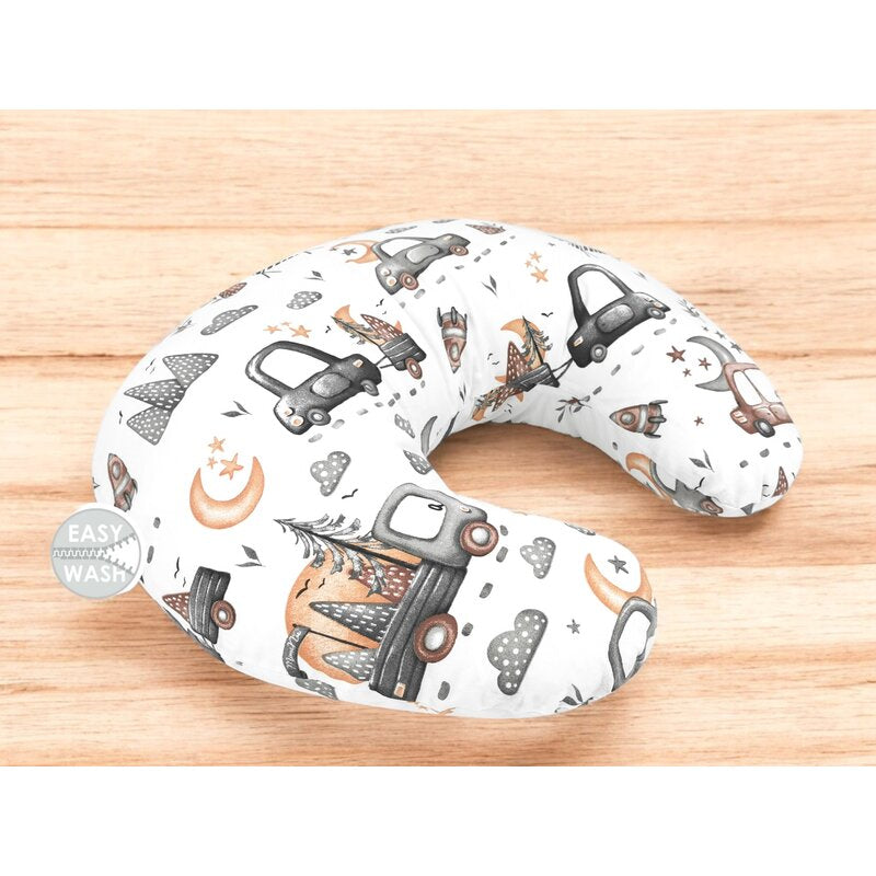 Perna pentru alaptat, MimiNu, Din bumbac certificat Oeko Tex Standard 100, Cu husa detasabila, Cu fermoar securizat, Circumferinta 155 cm, Design, Cars Grey