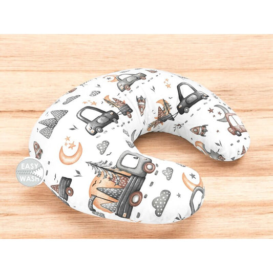 Perna pentru alaptat, MimiNu, Din bumbac certificat Oeko Tex Standard 100, Cu husa detasabila, Cu fermoar securizat, Circumferinta 155 cm, Design, Cars Grey