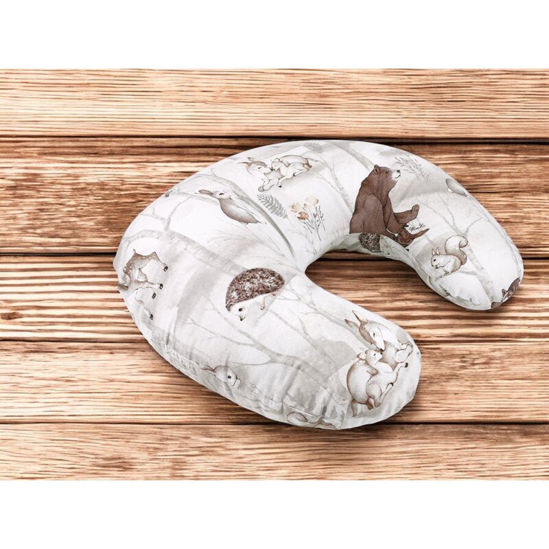 Perna pentru alaptat, MimiNu, Din bumbac certificat Oeko Tex Standard 100, Cu husa detasabila, Cu fermoar securizat, Circumferinta 155 cm, Design, Woodland